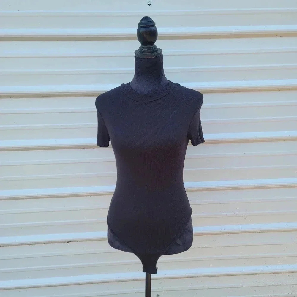 Marci Women's Bodysuit Sz S Black Stretch Ribbed Short Sleeve Sleeve Rayon Snap